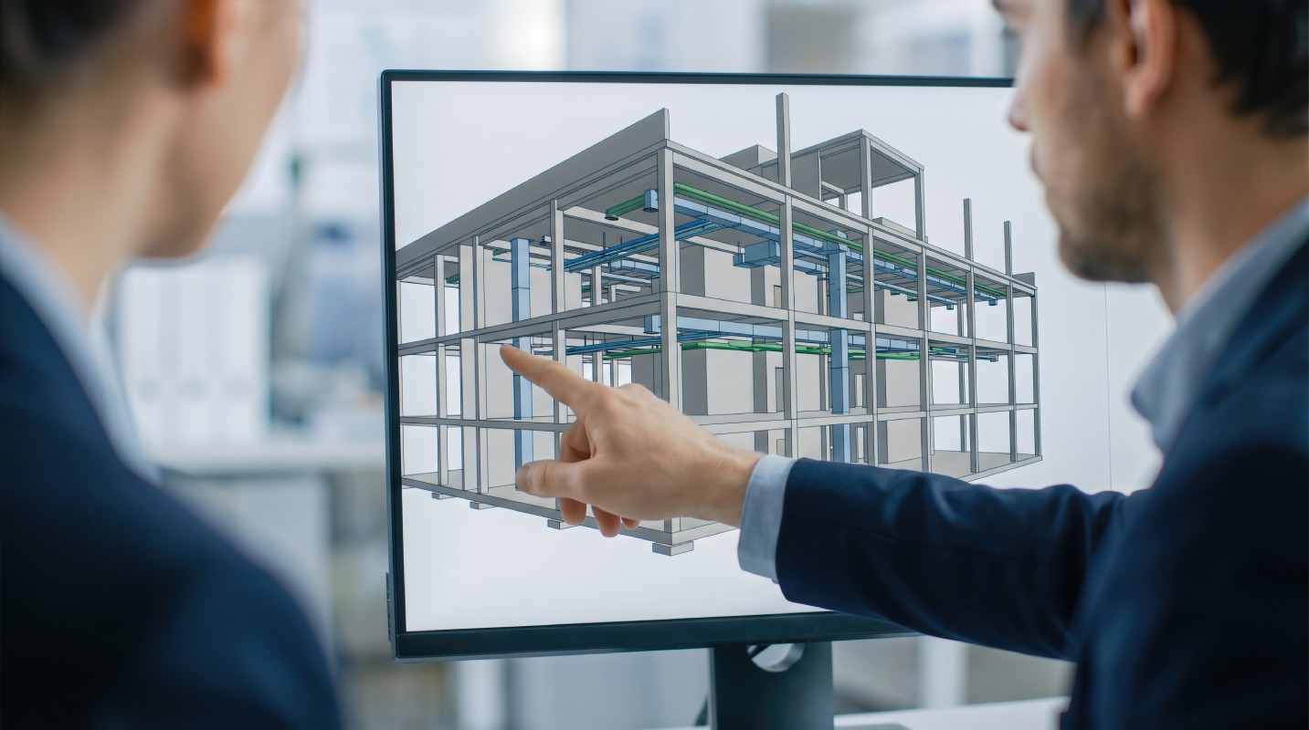 Engineers pointing at bim building structural with mep systems on monitor in office. Architectural engineering design review collaboration and construction planning visualization for multistory Ai Generated